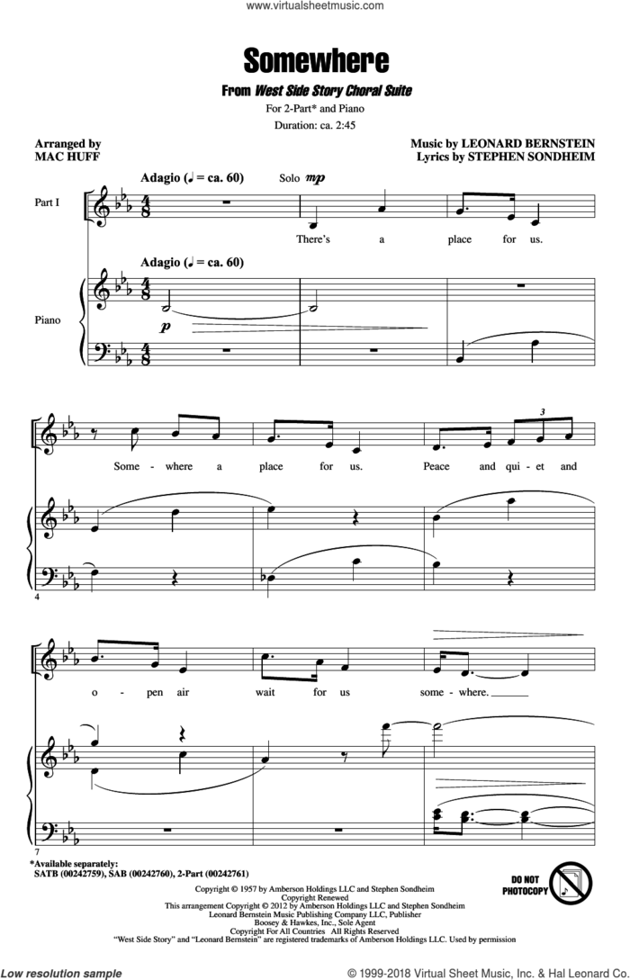 Somewhere (from West Side Story) (arr. Mac Huff) sheet music for choir (2-Part) by Leonard Bernstein, Mac Huff and Stephen Sondheim, intermediate duet