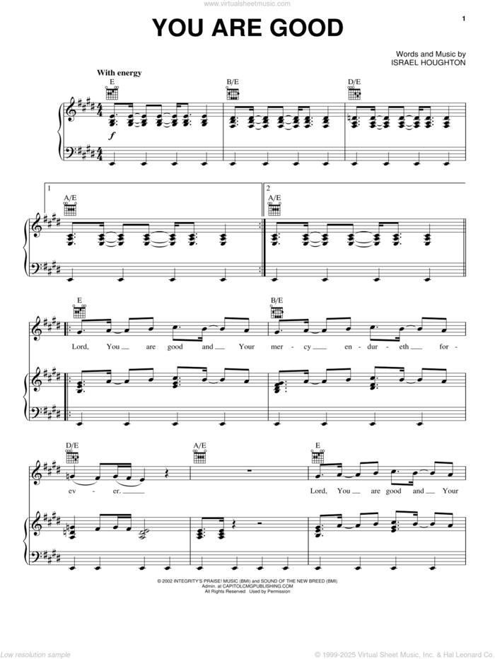 You Are Good sheet music for voice, piano or guitar by Israel Houghton and The Katinas, intermediate skill level