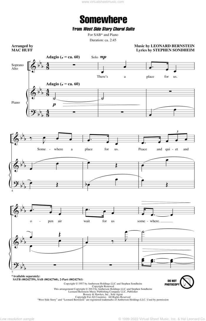 Somewhere (from West Side Story) (arr. Mac Huff) sheet music for choir (SAB: soprano, alto, bass) by Leonard Bernstein, Mac Huff and Stephen Sondheim, intermediate skill level
