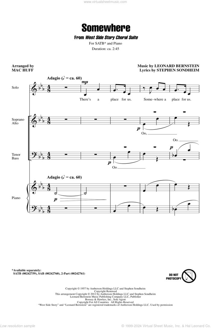 Somewhere (from West Side Story) (arr. Mac Huff) sheet music for choir (SATB: soprano, alto, tenor, bass) by Leonard Bernstein, Mac Huff and Stephen Sondheim, intermediate skill level