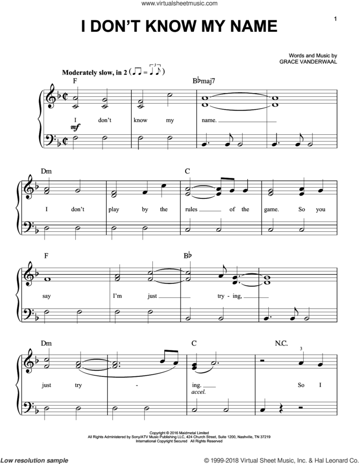 I Don't Know My Name sheet music for piano solo by Grace VanderWaal, easy skill level