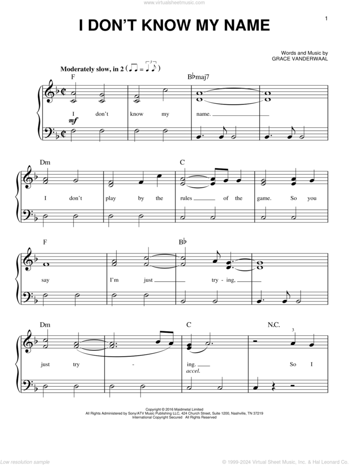 I Don't Know My Name sheet music for piano solo by Grace VanderWaal, easy skill level