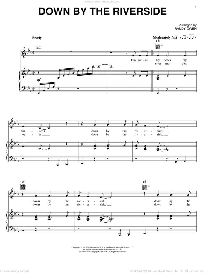 Down By The Riverside sheet music for voice, piano or guitar by Alabama and Randy Owen, intermediate skill level