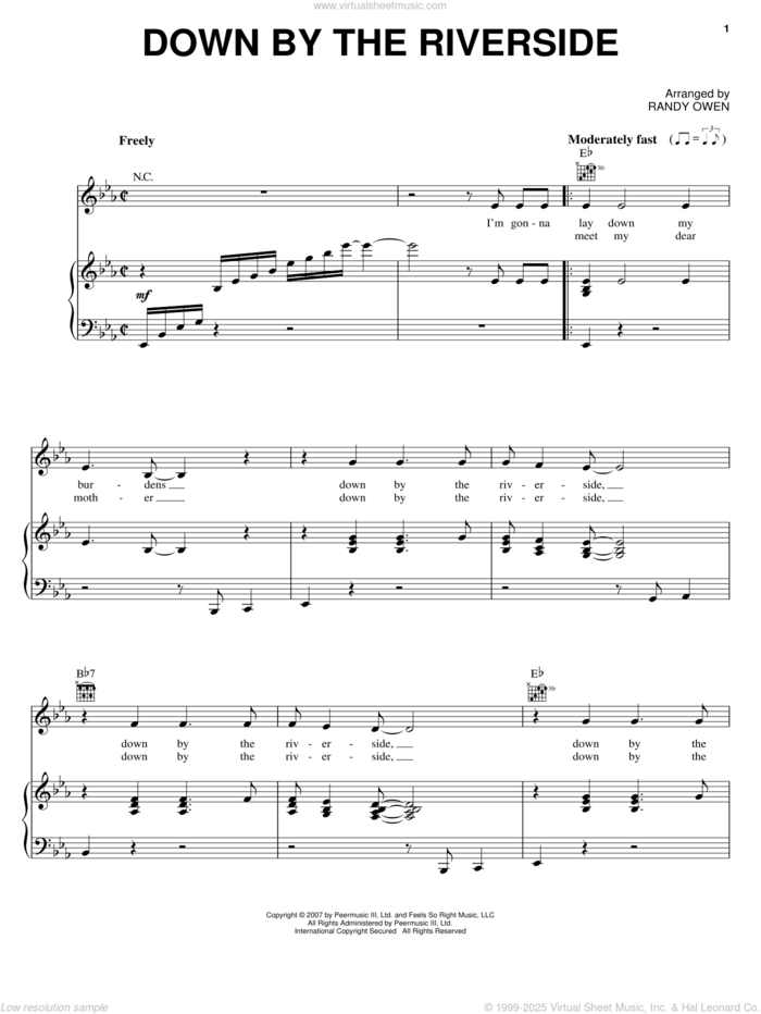 Down By The Riverside sheet music for voice, piano or guitar by Alabama and Randy Owen, intermediate skill level