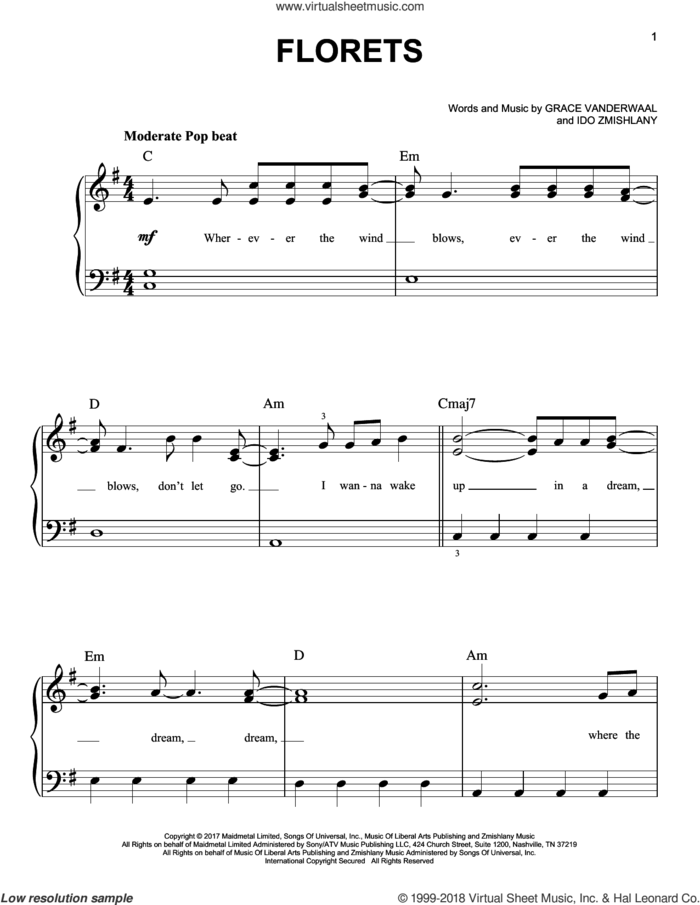 Florets sheet music for piano solo by Grace VanderWaal and Ido Zmishlany, easy skill level