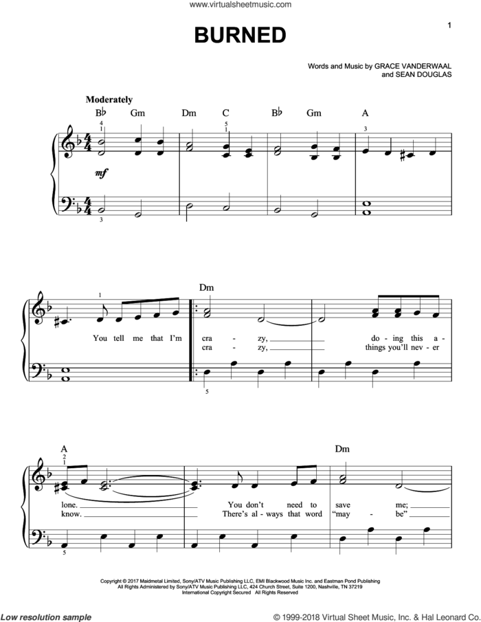 Burned sheet music for piano solo by Grace VanderWaal and Sean Douglas, easy skill level