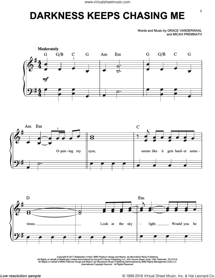Darkness Keeps Chasing Me sheet music for piano solo by Grace VanderWaal and Micah Premnath, easy skill level
