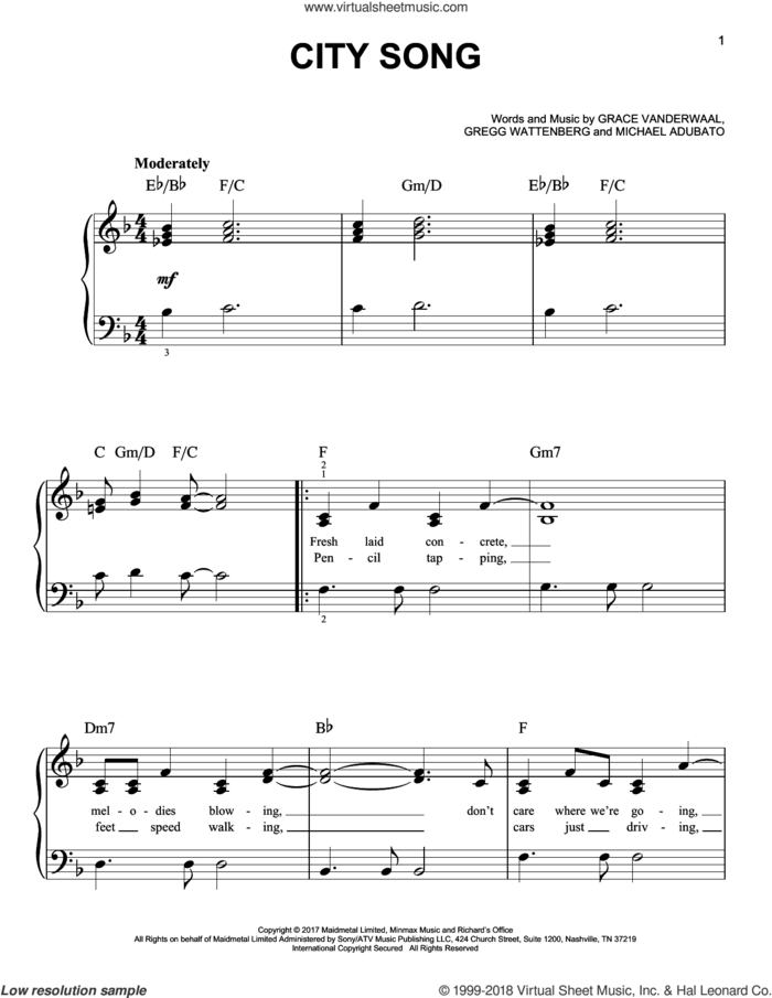 City Song sheet music for piano solo by Grace VanderWaal, Gregg Wattenberg and Michael Adubato, easy skill level