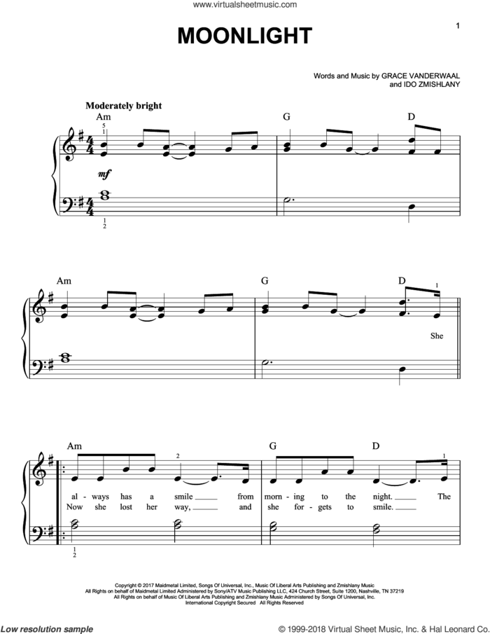 Moonlight sheet music for piano solo by Grace VanderWaal and Ido Zmishlany, easy skill level