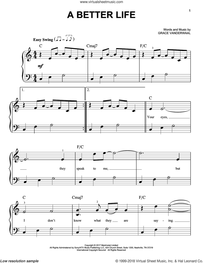 A Better Life sheet music for piano solo by Grace VanderWaal, easy skill level