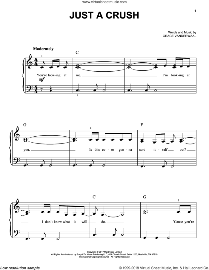Just A Crush sheet music for piano solo by Grace VanderWaal, easy skill level