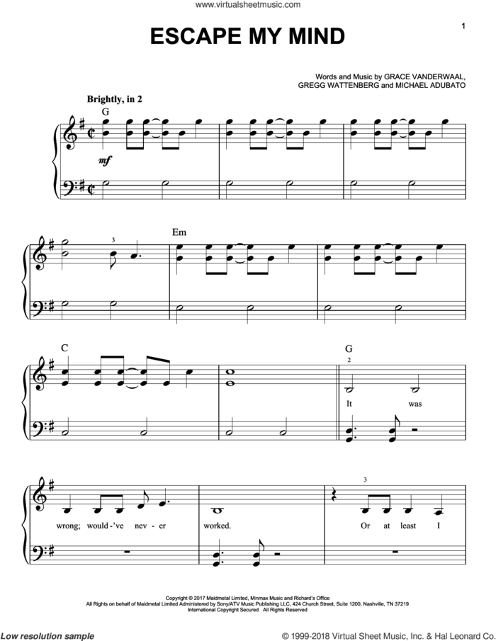 Escape My Mind sheet music for piano solo by Grace VanderWaal, Gregg Wattenberg and Michael Adubato, easy skill level