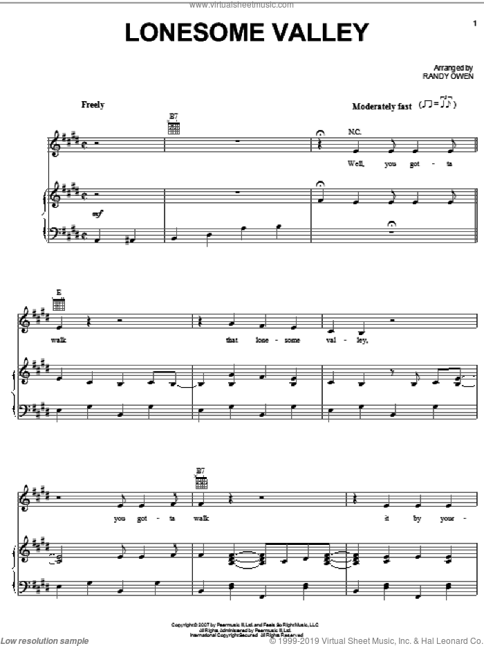 Lonesome Valley sheet music for voice, piano or guitar by Alabama and Randy Owen, intermediate skill level