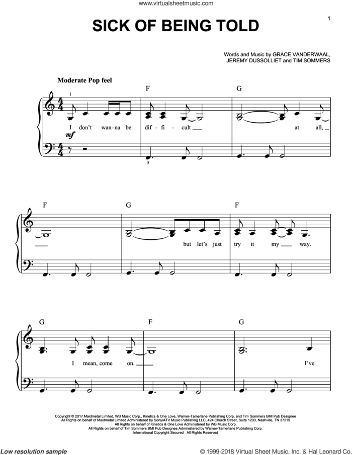 Sick Of Being Told sheet music for piano solo by Grace VanderWaal, Jeremy Dussolliet and Tim Sommers, easy skill level