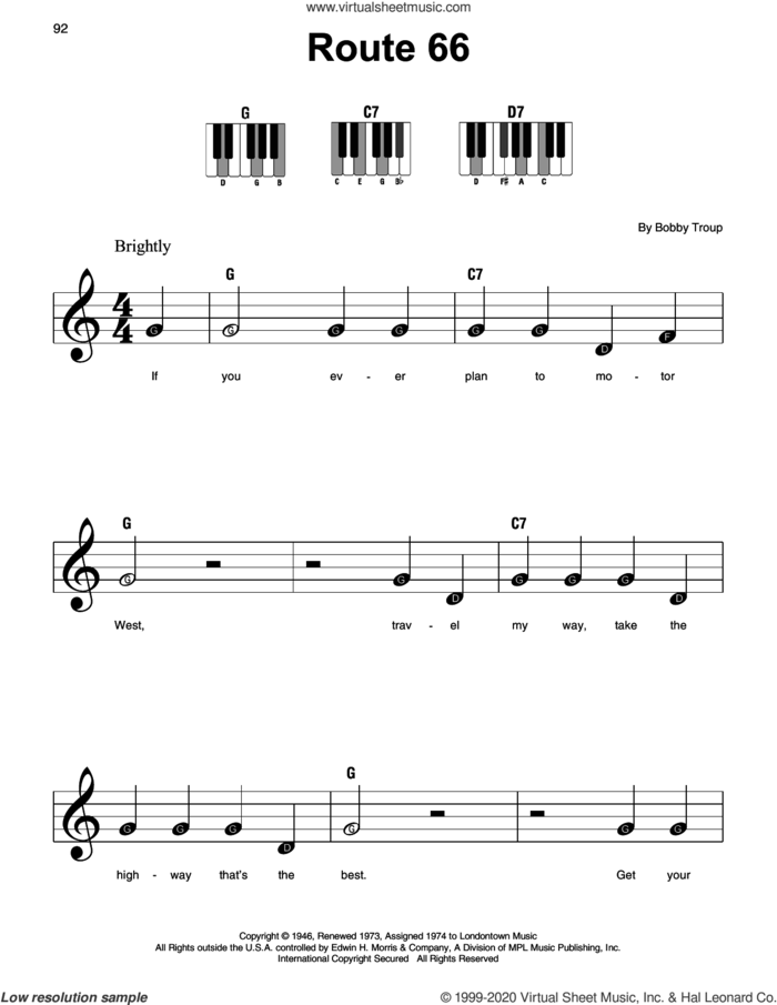 Route 66 sheet music for piano solo by Bobby Troup and Manhattan Transfer, beginner skill level