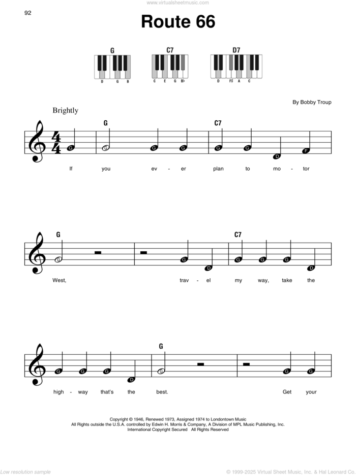 Route 66 sheet music for piano solo by Bobby Troup and Manhattan Transfer, beginner skill level