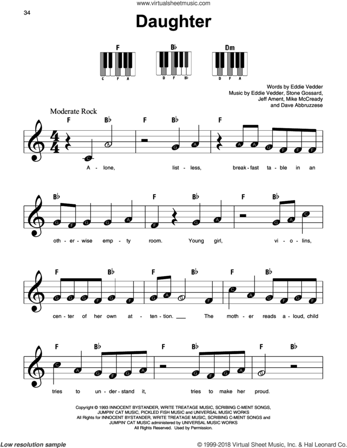 Daughter, (beginner) sheet music for piano solo by Pearl Jam, Dave Abbruzzese, Eddie Vedder, Jeff Ament, Mike McCready and Stone Gossard, beginner skill level