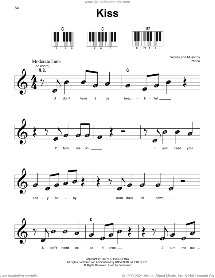 Kiss sheet music for piano solo by Prince, beginner skill level