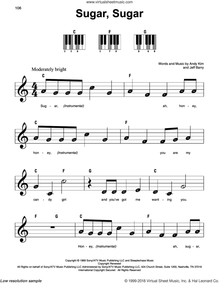 Sugar, Sugar sheet music for piano solo by The Archies, Andy Kim and Jeff Barry, beginner skill level