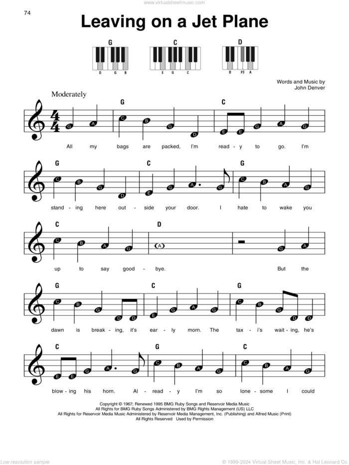 Leaving On A Jet Plane, (beginner) sheet music for piano solo by John Denver and Peter, Paul & Mary, beginner skill level