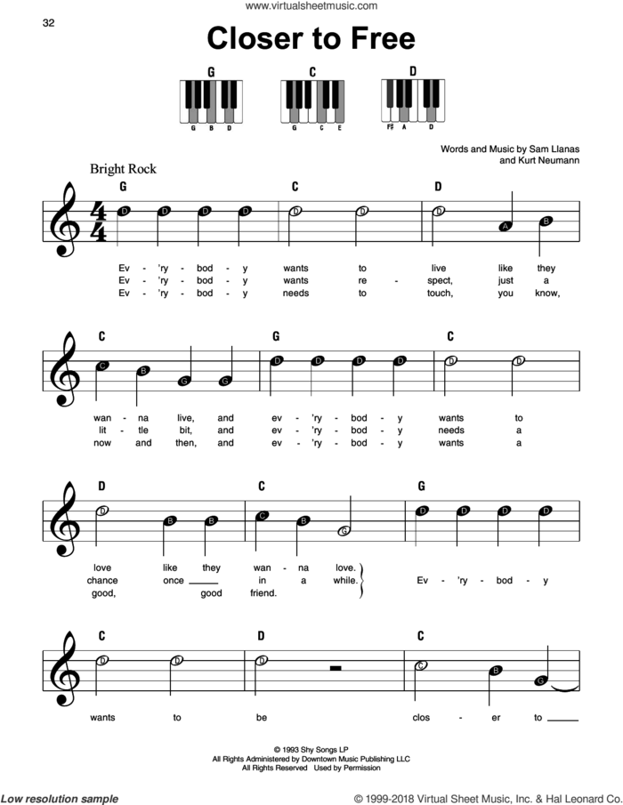 Closer To Free sheet music for piano solo by BoDeans, Kurt Neumann and Sam Llanas, beginner skill level