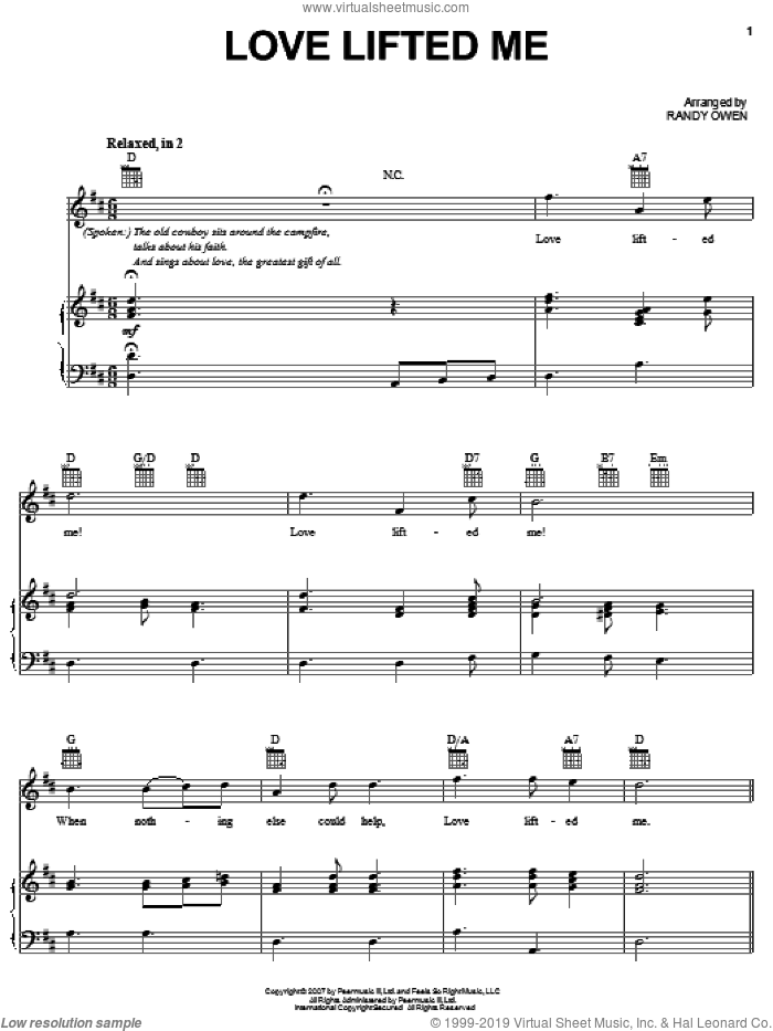Love Lifted Me sheet music for voice, piano or guitar by Alabama and Randy Owen, intermediate skill level