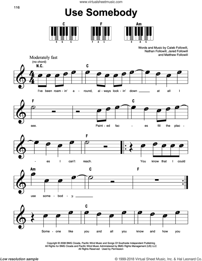 Use Somebody, (beginner) sheet music for piano solo by Kings Of Leon, Caleb Followill, Jared Followill, Matthew Followill and Nathan Followill, beginner skill level