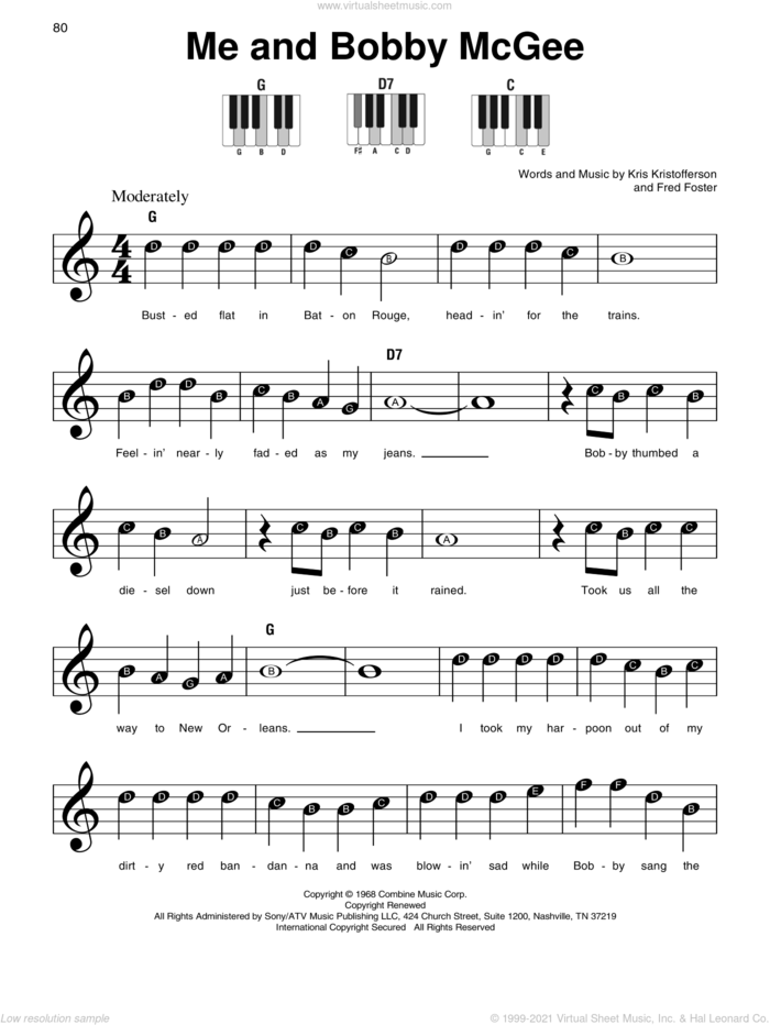 Me And Bobby McGee sheet music for piano solo by Kris Kristofferson, Janis Joplin and Roger Miller, beginner skill level