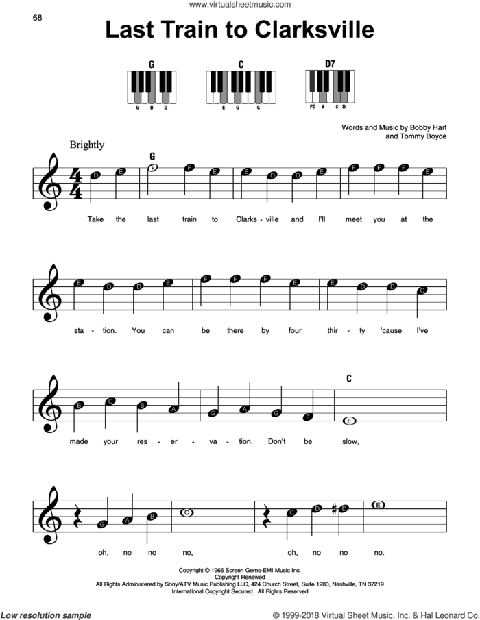 Last Train To Clarksville sheet music for piano solo by The Monkees, Bobby Hart and Tommy Boyce, beginner skill level