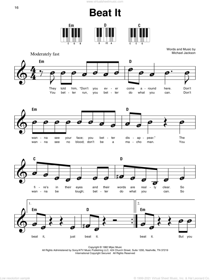 Beat It, (beginner) sheet music for piano solo by Michael Jackson, beginner skill level