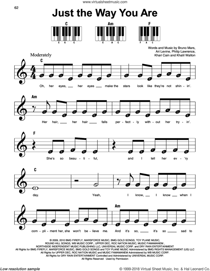 Just The Way You Are sheet music for piano solo by Bruno Mars, Ari Levine, Khalil Walton, Khari Cain and Philip Lawrence, wedding score, beginner skill level