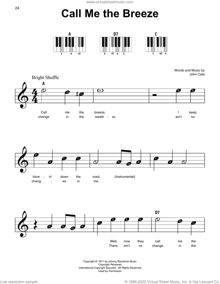 Call Me The Breeze sheet music for piano solo by Lynyrd Skynyrd and John Cale, beginner skill level