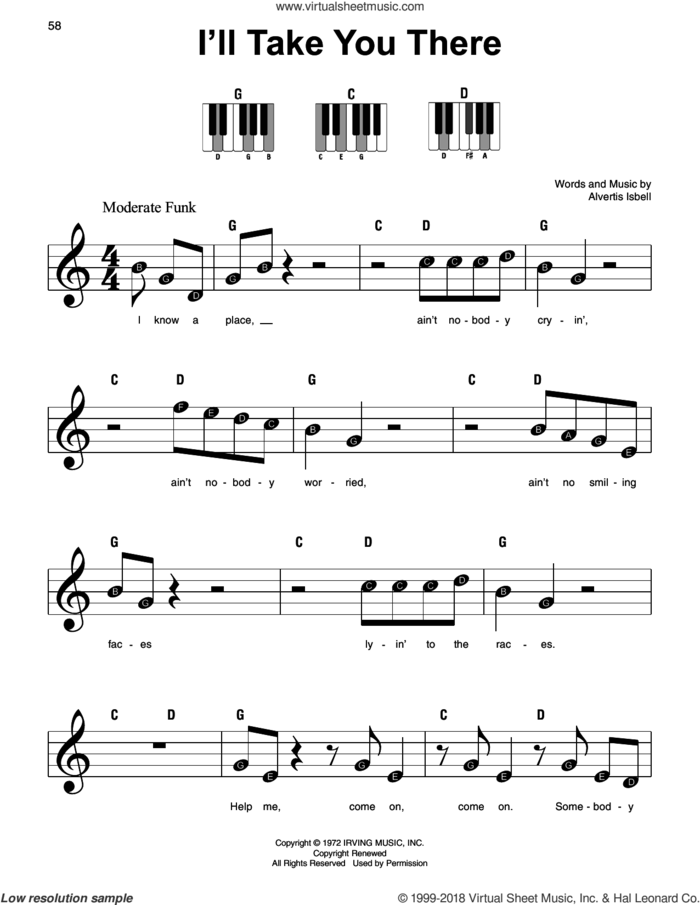 I'll Take You There sheet music for piano solo by The Staple Singers and Alvertis Isbell, beginner skill level