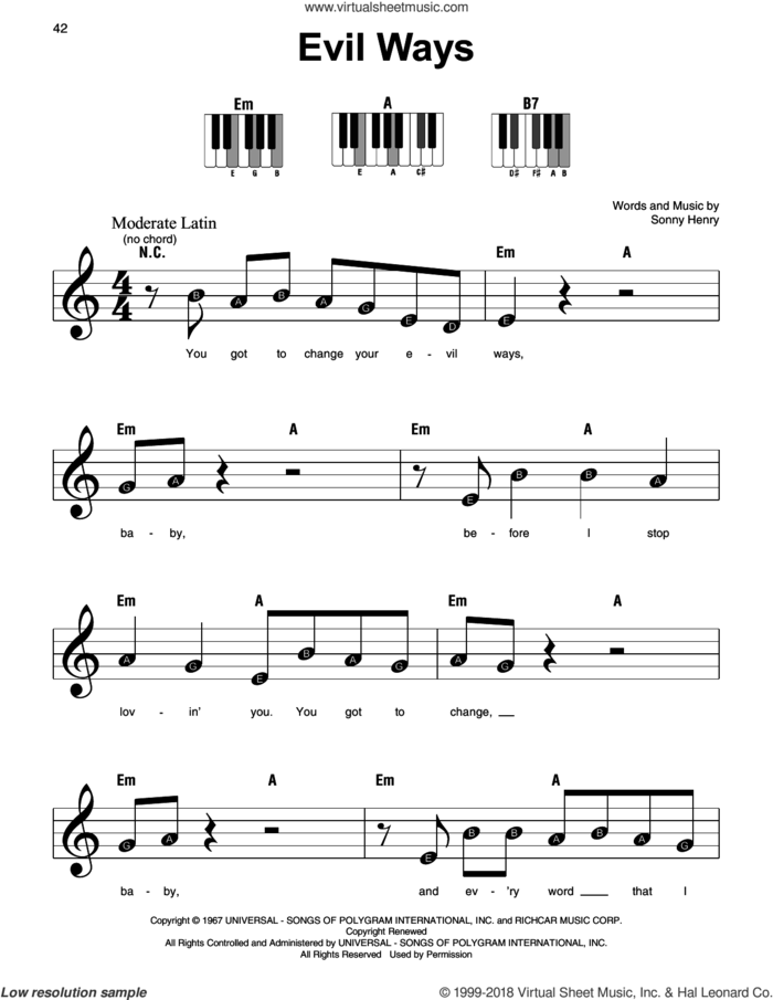 Evil Ways sheet music for piano solo by Carlos Santana and Sonny Henry, beginner skill level