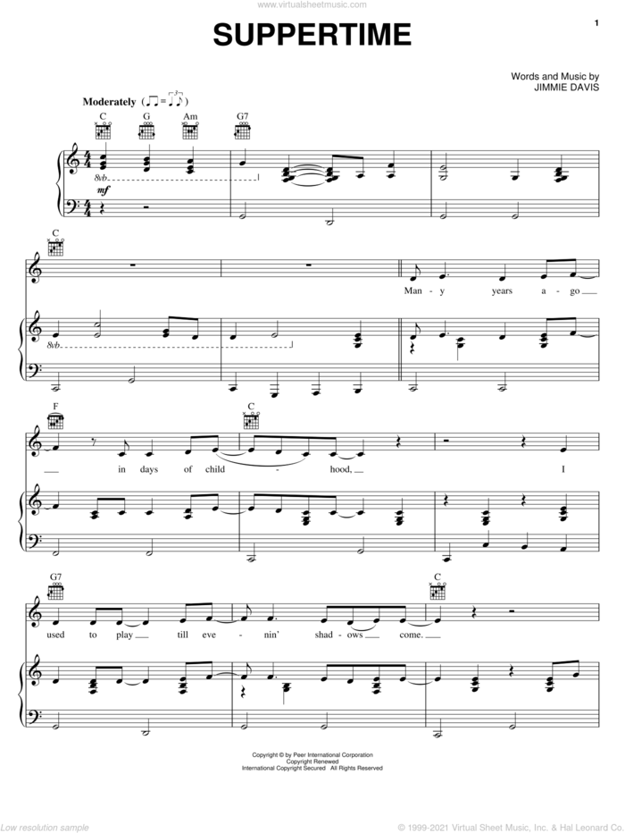 Suppertime sheet music for voice, piano or guitar by Alabama and Jimmie Davis, intermediate skill level