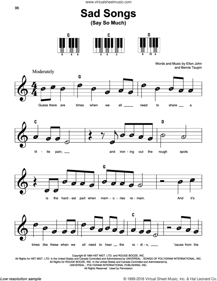 Sad Songs (Say So Much) sheet music for piano solo by Elton John and Bernie Taupin, beginner skill level