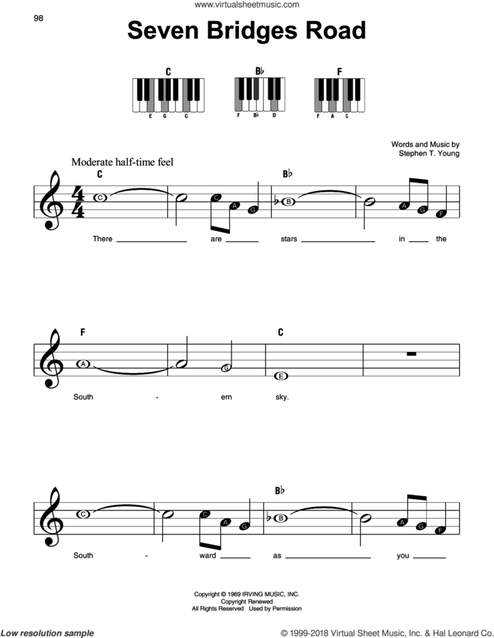 Seven Bridges Road, (beginner) sheet music for piano solo by Stephen T. Young and The Eagles, beginner skill level