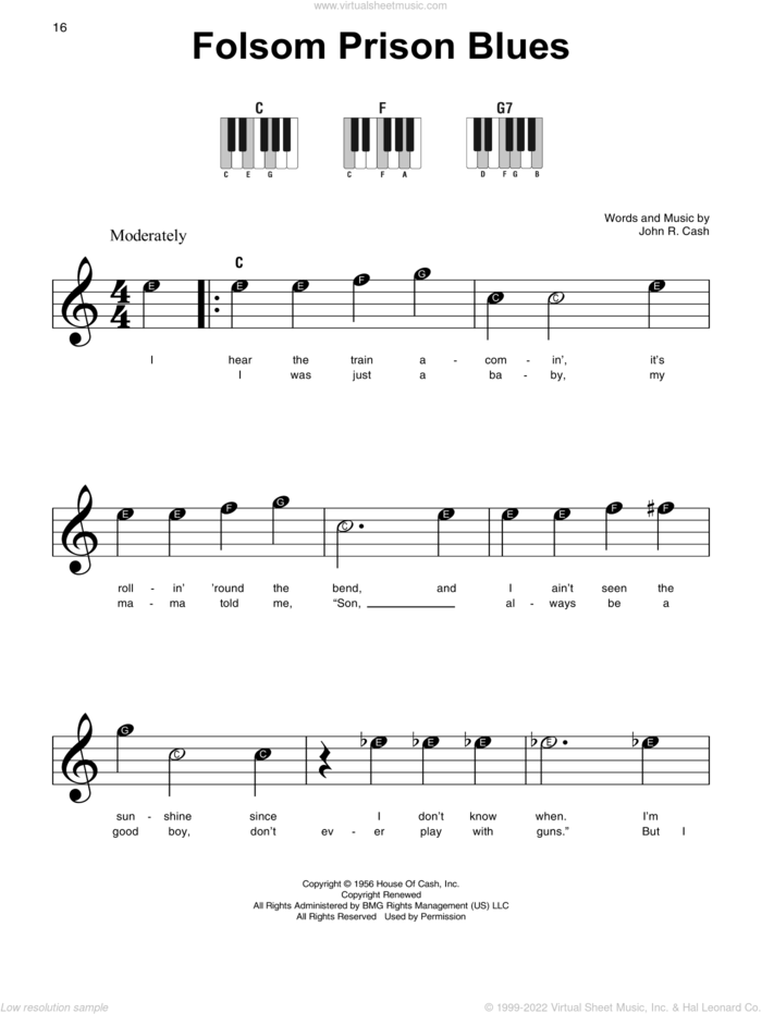 Folsom Prison Blues sheet music for piano solo by Johnny Cash, beginner skill level