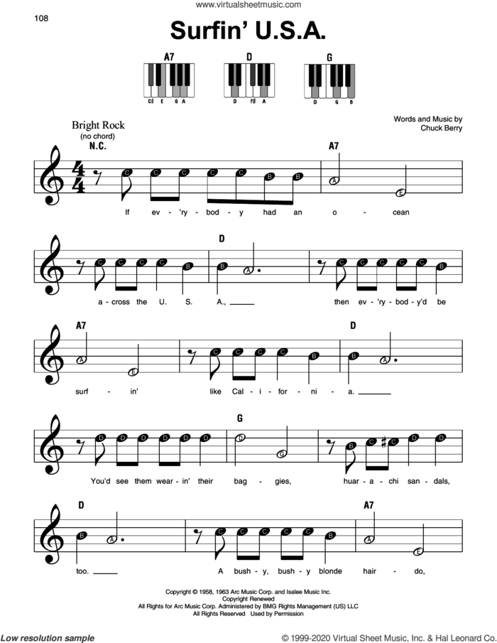 Surfin' U.S.A. sheet music for piano solo by The Beach Boys and Chuck Berry, beginner skill level