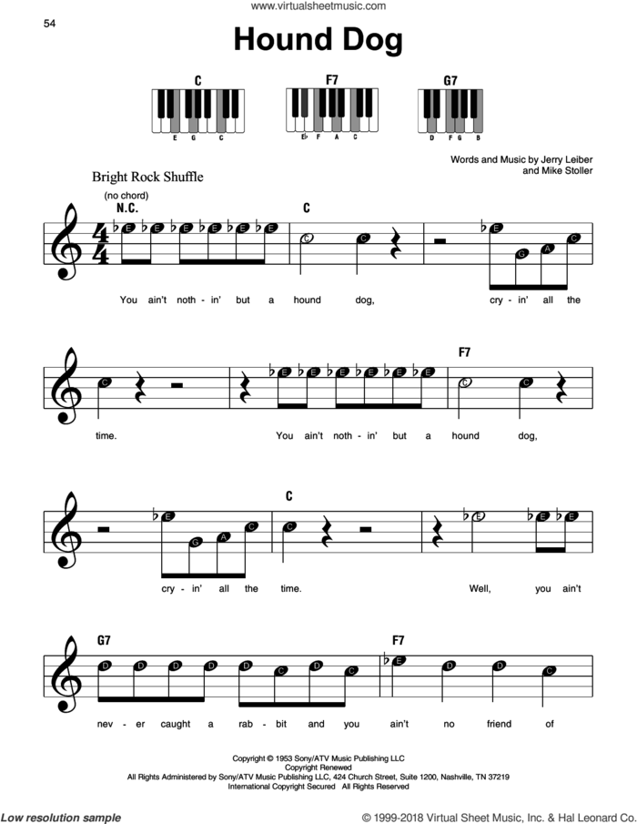 Hound Dog, (beginner) sheet music for piano solo by Elvis Presley, Jerry Leiber and Mike Stoller, beginner skill level