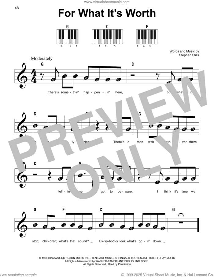For What It's Worth sheet music for piano solo by Buffalo Springfield and Stephen Stills, beginner skill level