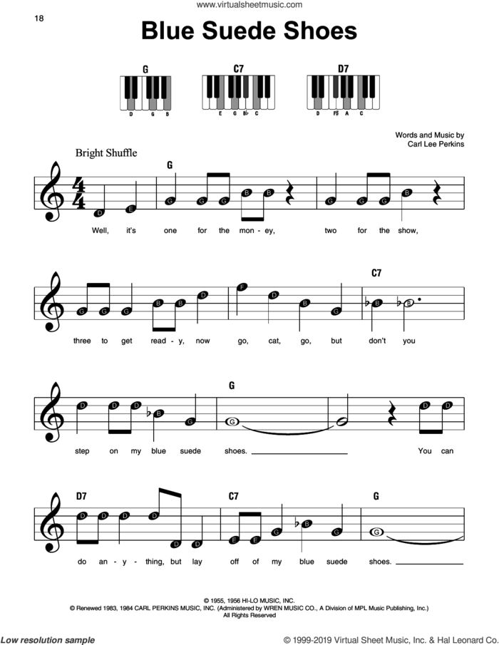 Blue Suede Shoes sheet music for piano solo by Elvis Presley and Carl Perkins, beginner skill level