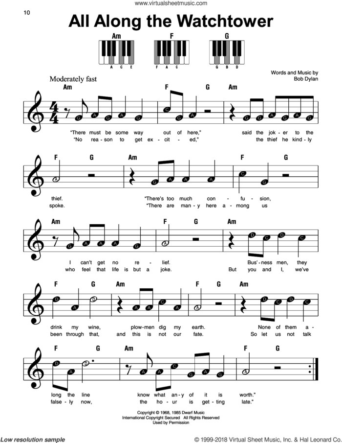 All Along The Watchtower, (beginner) sheet music for piano solo by Bob Dylan, beginner skill level