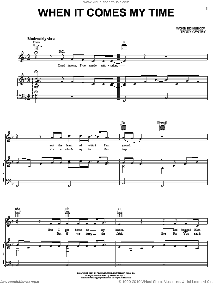 When It Comes My Time sheet music for voice, piano or guitar by Alabama and Teddy Gentry, intermediate skill level