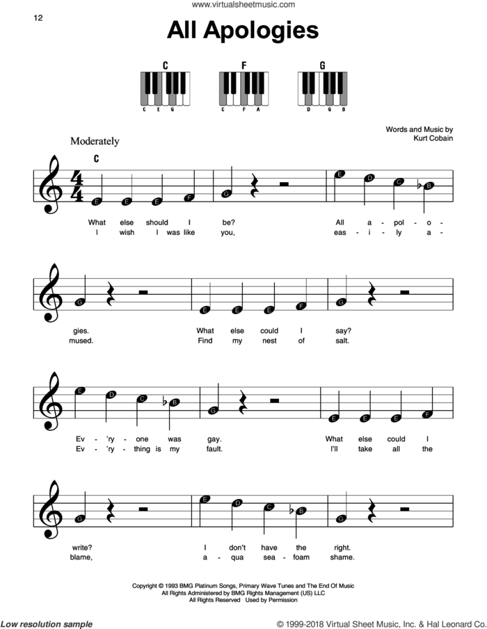 All Apologies sheet music for piano solo by Nirvana and Kurt Cobain, beginner skill level