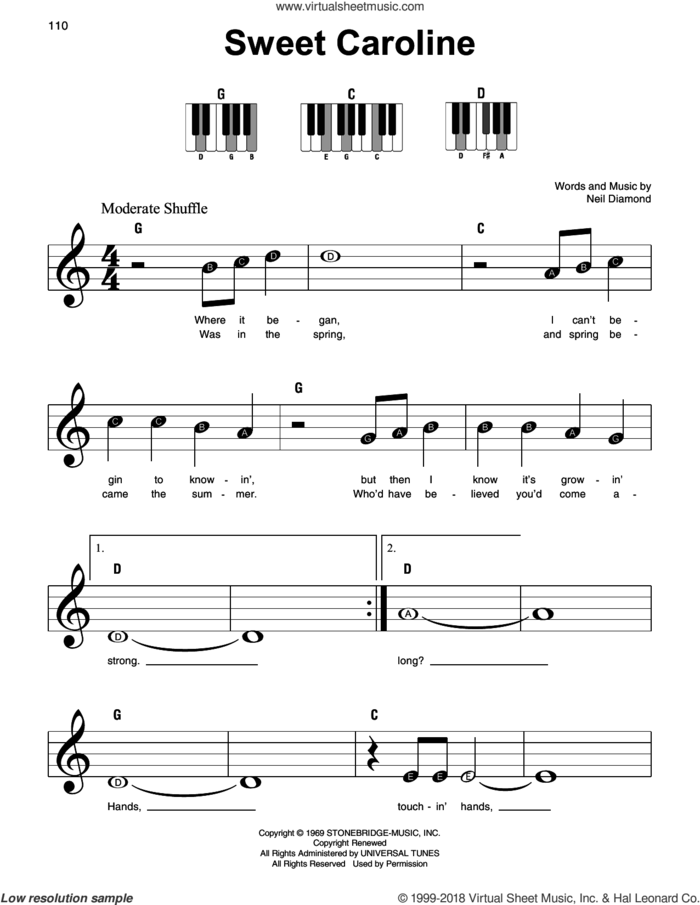 Sweet Caroline sheet music for piano solo by Neil Diamond, beginner skill level
