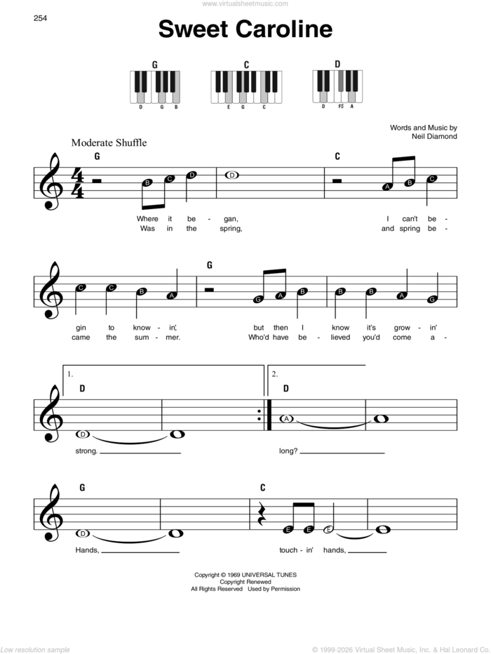 Sweet Caroline sheet music for piano solo by Neil Diamond, beginner skill level