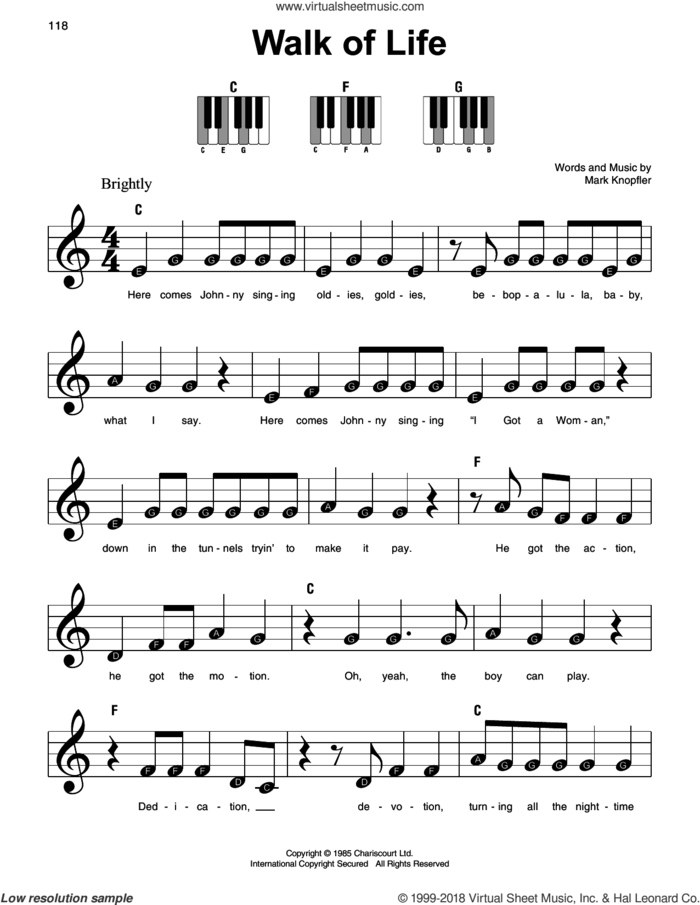 Walk Of Life, (beginner) sheet music for piano solo by Dire Straits and Mark Knopfler, beginner skill level