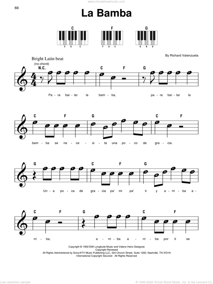 La Bamba sheet music for piano solo by Ritchie Valens, Los Lobos and Richard Valenzuela, beginner skill level