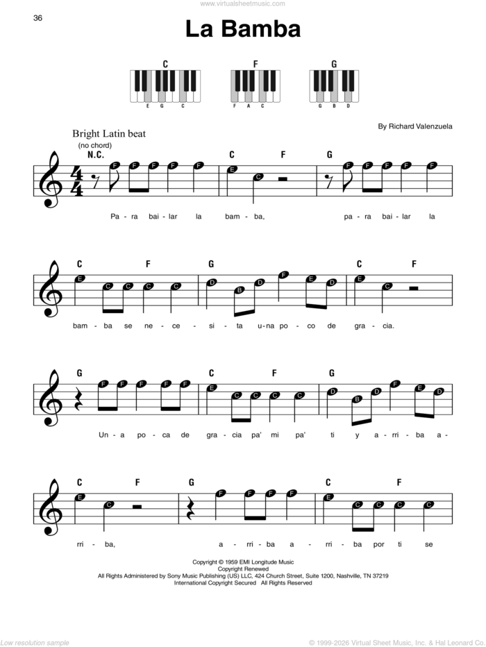 La Bamba sheet music for piano solo by Ritchie Valens, Los Lobos and Richard Valenzuela, beginner skill level